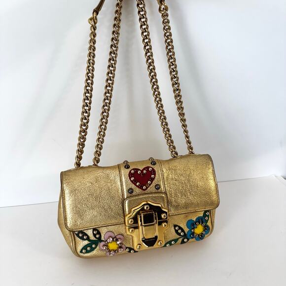 Dolce and Gabbana Lucia Metallic Gold Calfskin Embellished Shoulder Bag - Picture 6 of 16